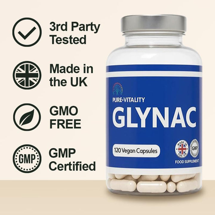 Pure:Vitality Glynac - 120 Capsules, 1200Mg Glynac (600Mg Glycine & 600Mg N-Acetylcysteine) per Serving, High Strength Glutathione Supplement, Vegan Glynac for Healthy Ageing