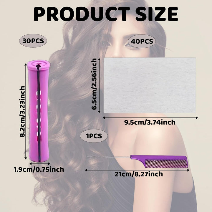 71 Pcs Perm Kit with 30 Pcs Perm Rods, 40 Pcs Papers and 1 Steel Rat Tail Comb for Short Hair for Home Hair Styling, DIY Perming Kit for Women
