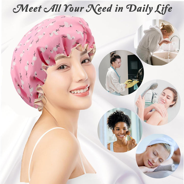 Pack of 2 | Shower Caps for Women, Double Layers Waterproof Bath Caps with Elastic Band, Reusable Shower Hat for Keeping Hair Dry Kitchen Oil-Proof Cap for Adults and Children