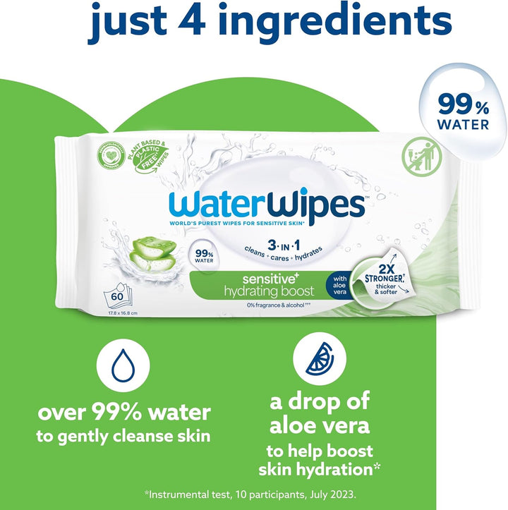 Sensitive+ Hydrating Boost Wipes, 360 Count (6 Packs), 3-In-1 Cleans, Cares, Hydrates, 99% Water with Aloe Vera, Unscented Baby Wipes