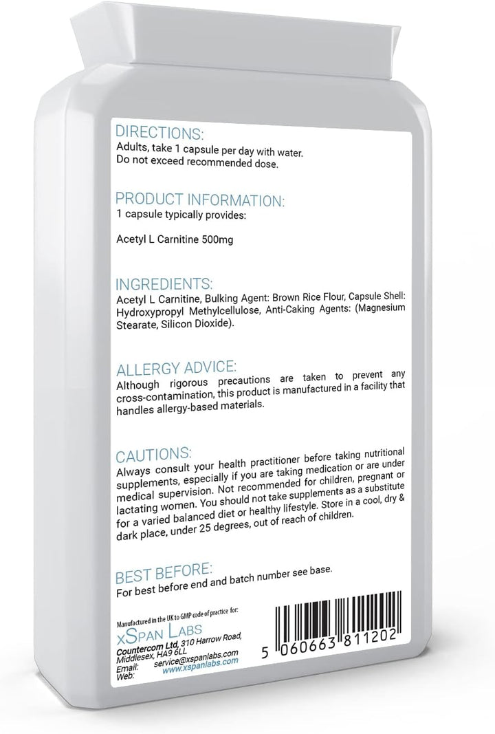 Acetyl-L-Carnitine 500Mg 90 Capsules - High-Strength ALCAR with No D-Carnitine - Made in the UK - Suitable for Vegans