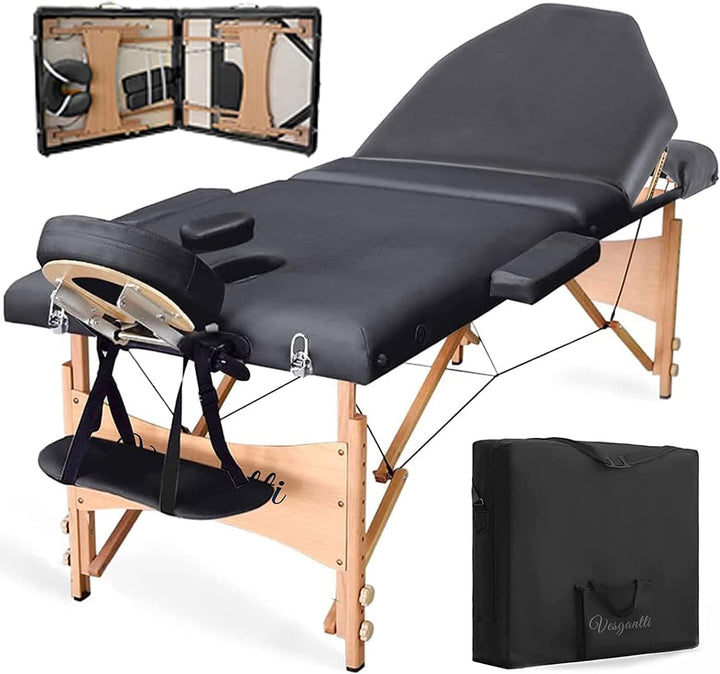 Portable Massage Bed Table - 3-Section Foldable Beauty Couch for Reiki Therapy Treatment Salon Healing - Metal Headrest Support/Carry Bag (Beige White)