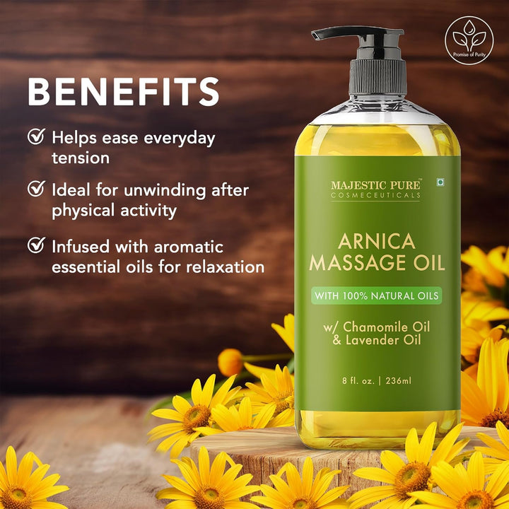 Arnica Sore Muscle Massage Oil for Massage Therapy - Natural Oil with Lavender and Chamomile Essential Oils - Multipurpose Instant Absorption Full Body Massage Oil - 8 Fl. Oz.