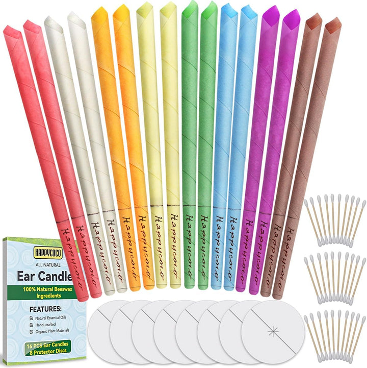 Ear Candles,  Hopi Ear Candles All Natural Beeswax Canding Cones Ear Wax Remover Candles 100% Non-Toxic Cylinders Fragrance Hollow Cone Candles With(8 Colours)+8 Protective Disks