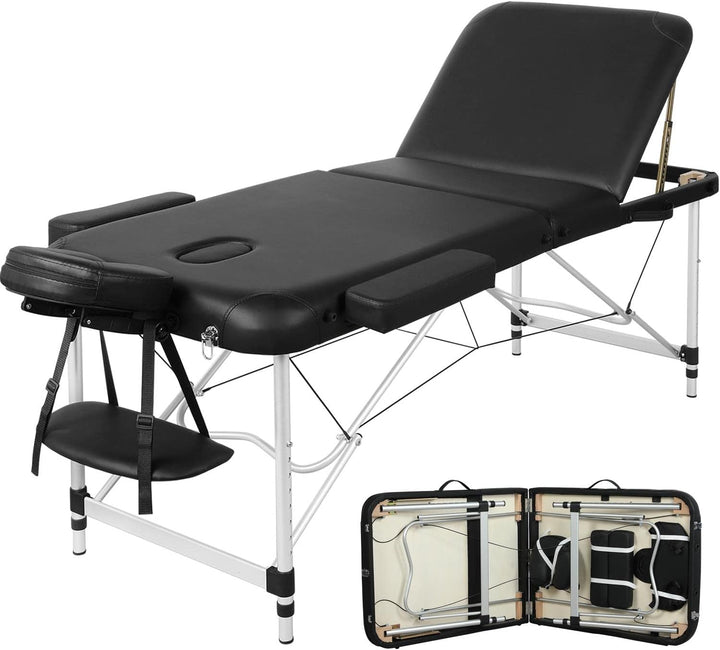 Foldable Massage Bed Portable Lash Table Beauty Bed Professional Salon Spa Table Aluminum 60 Cm Width 2 Section Black