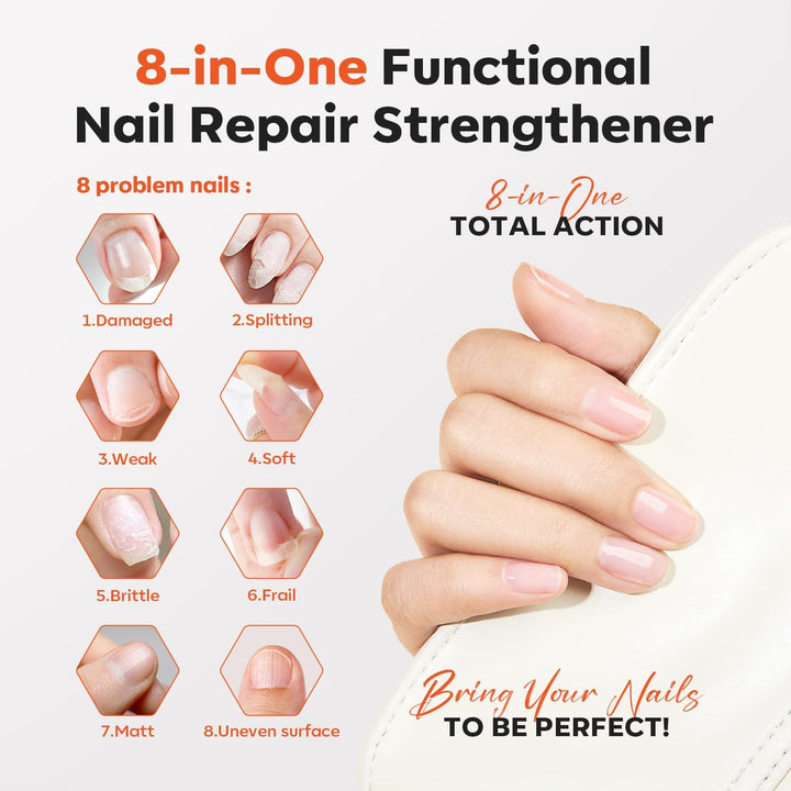Nail Care 8 in One Ridge Filling Strengthener Treatment, Nail Polish Strengthener for Damaged and Weak Nails, Nail Hardener Extra Strong and Growth Smoothing Base Coat Clear Varnish 15Ml