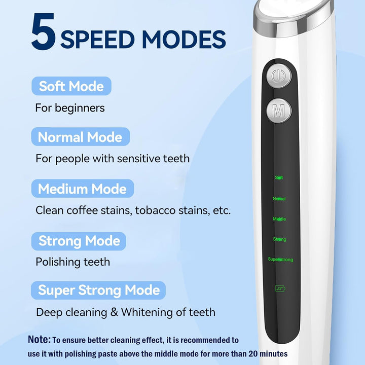 Tooth Polisher Plaque Remover for Teeth Whitening with 5 Modes & 5 Heads | Teeth Stain Remover for Plaque Removal | 3 Polishing Paste and LED Light