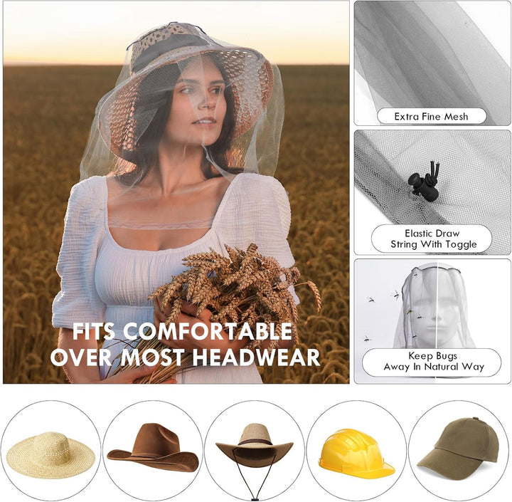 Midge Head Net, Mosquito Head Protecting Net with Storage Bag, Mosquito Head Net Face Mesh, Fine Mesh Insect Netting Cover for Outdoor, Hiking, Camping, Climbing, Walking, Fishing (Grey, 2PCS)