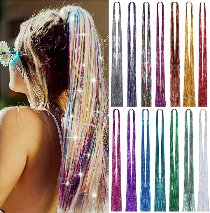 14 Colors 4200 Strands Hair Tinsel, 35.5 Inches Hair Glitter Strands Shiny Colorful Straight Hair Extensions for Women Girls Party Cosplay Rainbow, Hair Tinsel Kit (No Tools)