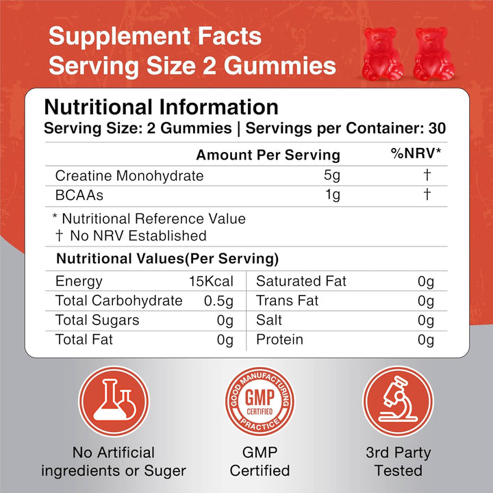 Creatine Gummies 5000Mg Creatine Monohydrate with 1000Mg Bcaas per Serving (2 Month Supply) for Men & Women, Vegan & Sugar-Free, Easy Pre/Post Workout Gym Support for Performance and Muscle Power