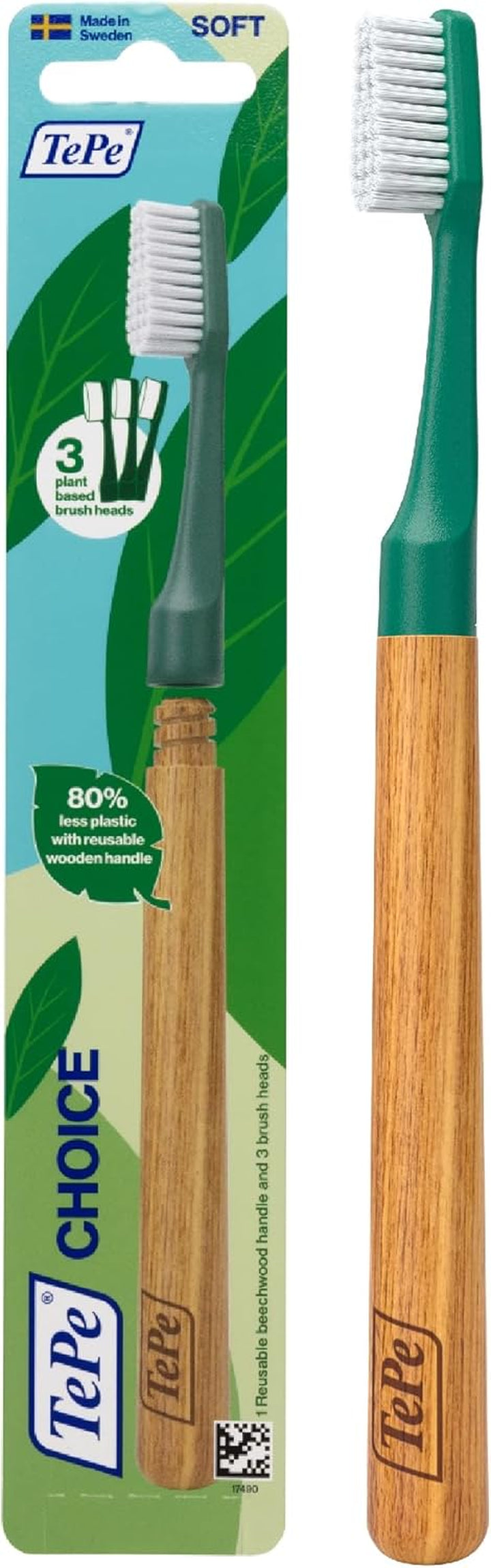 Choice Toothbrush, Soft, Green, 1Pc, Wooden Handle, 3Pcs Brush Heads, Soft Bristle Toothbrush, Good for Teeth Cleaning and Plaque Removal