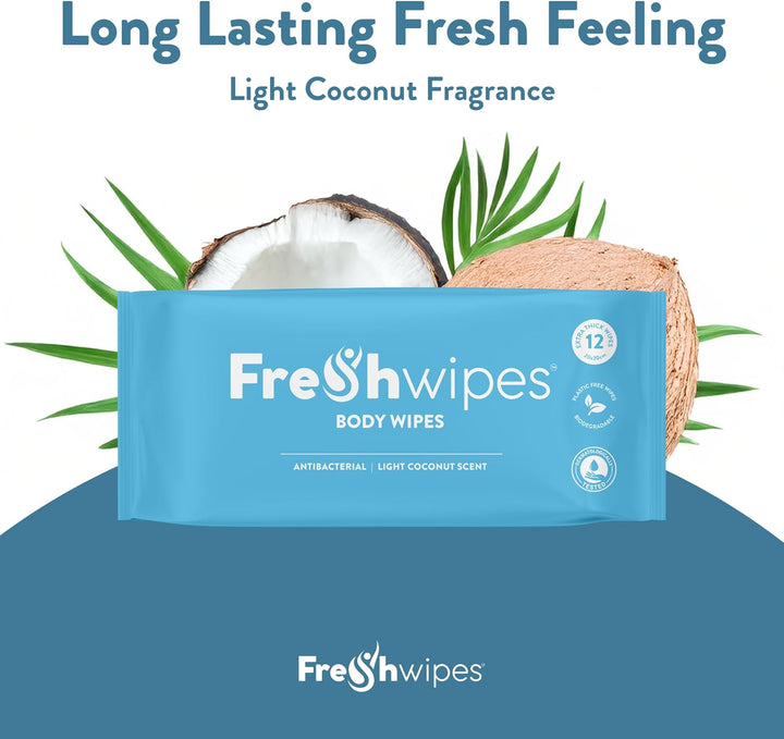 Antibacterial Body Wet Wipes for Adults 1 Pack (12 Wipes) - Coconut Scent - Extra Large Biodegradable - Dermatologically Tested & Suitable for the Elderly or Disabled - Great for Camping