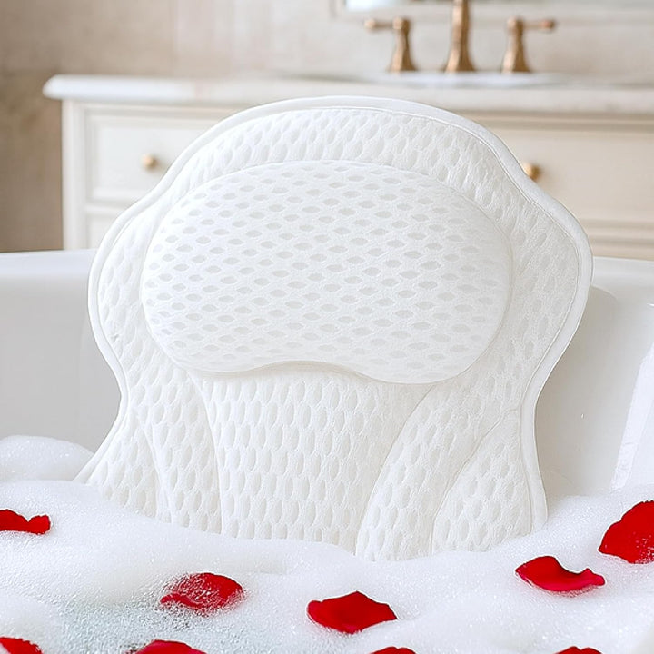 Luxury Bath Pillow for Bathtub - Comfortable Head, Neck & Back Support Spa Pillow - 4D Mesh Cushion with 6 Suction Cups - Fits All Bathtubs, Hot Tubs & Spa Tubs - Quick-Dry Bath Pillow White