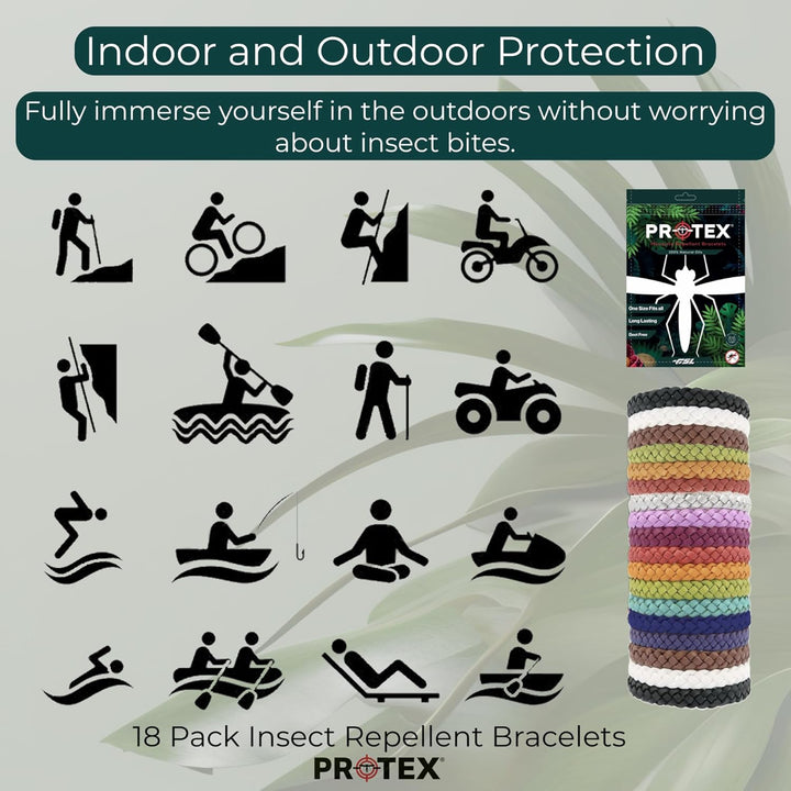PR0TEX 18 Pack Mosquito Repellent Bracelet, Adjustable Leather Deet-Free Wrist Bands, Powerful Effective Protection, Insect Repellent Bracelets for Adults & Kids, Resealable Pack.