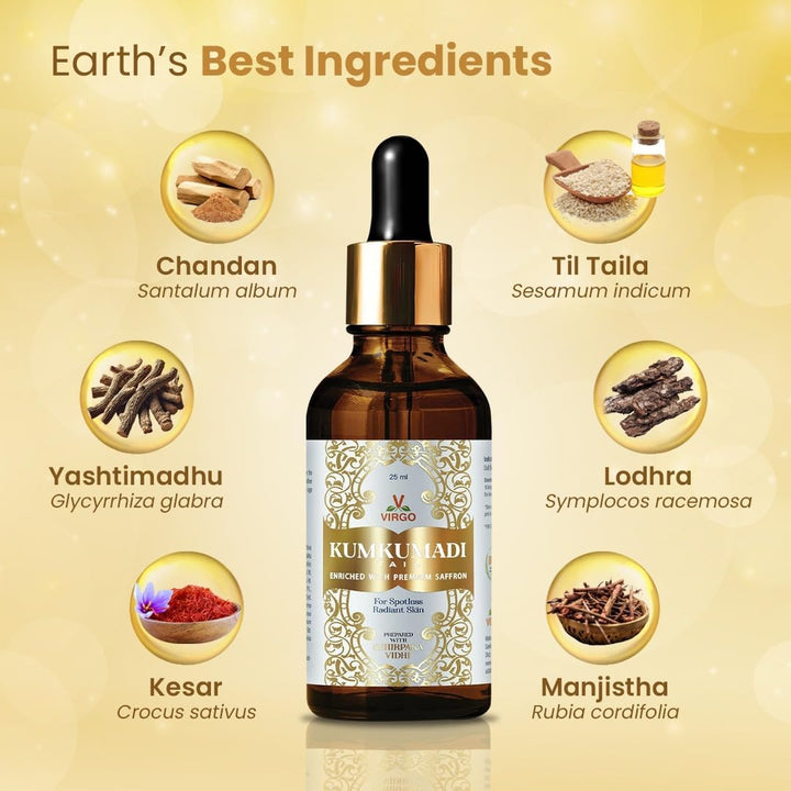 Ayurvedic Kumkumadi Oil with Premium Saffron | Face & Skin Treatment 25Ml - Reduce Early Age Wrinkles, Dark Spots, Pimples | Brighten Dull Skin Tone | Rejuvenating