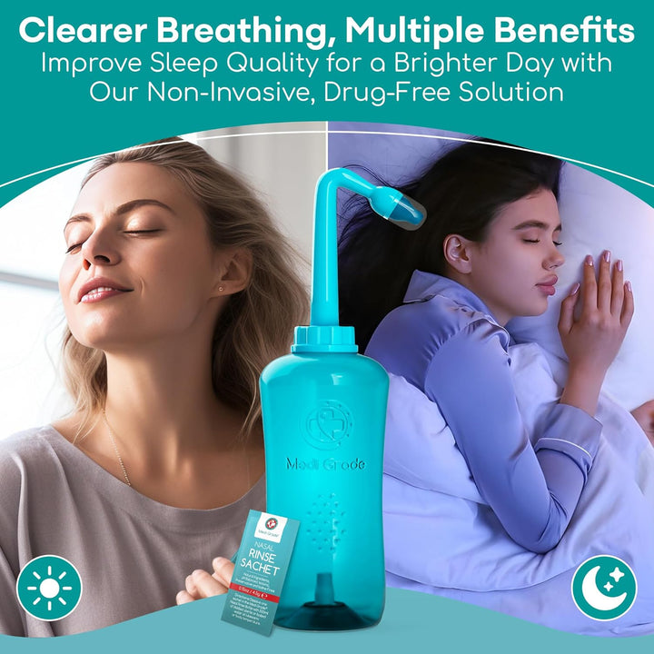 Nasal Irrigation Kit - 500Ml Nasal Rinse Bottle, 30X 4.5G Premixed Saline Nasal Rinse Salt Sachets - Deluxe Free-Flow Bottle Nose Cleaner for Improved Breathing and Nasal Hygiene