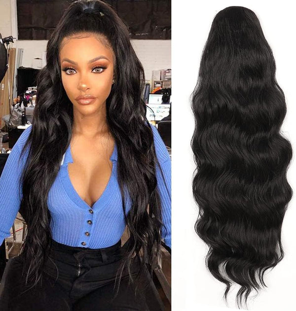 Long Wavy Ponytail Hair Extension for Black Women Drawstring Ponytail Hair Extensions Clip in Black Curly Synthetic Hairpiece
