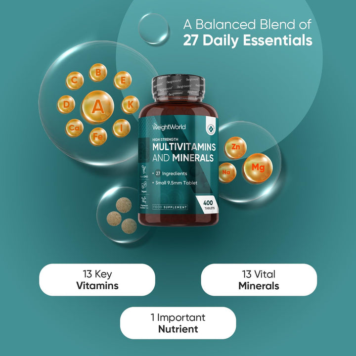 Multivitamin Tablets for Women & Men - 27 Essential Nutrients - 400 Small Tablets - 1+ Year Supply - Tasty Peppermint Flavour - Vegan Multi Vitamins & Minerals like Vitamin D, C, Calcium, Iron & Zinc