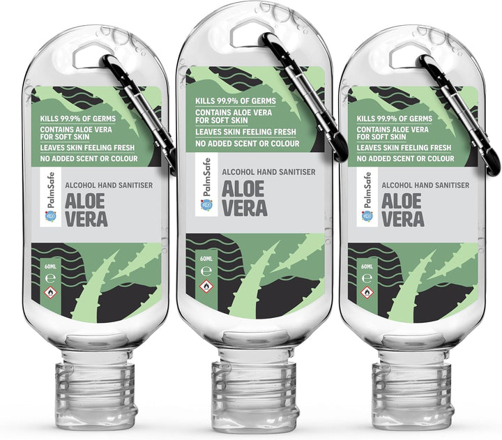 Aloe Vera 3 Pack 60Ml anti Bacterial Premium Hand Sanitiser Travel Size Refillable Clip Bottle Quick Drying Non Sticky Extra Moisturising Kills 99.9% of Viruses and Bacteria