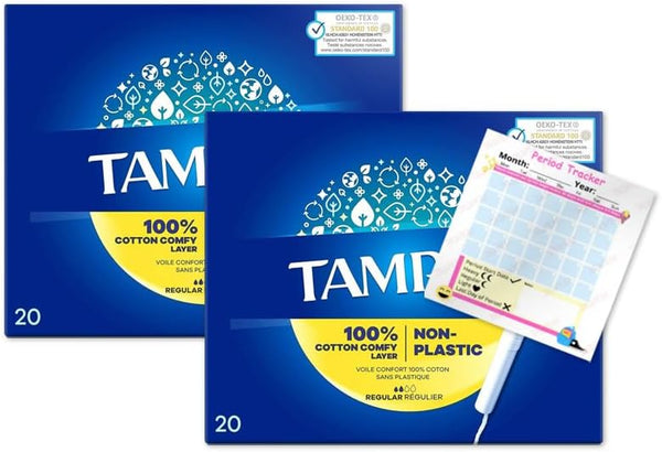 Tampons Regular Cardboard Applicator Blue Box 40 Tampons (2 Packs of 20) | Leak Protection | Super Absorbent | Fragrance-Free | Long Lasting Protection
