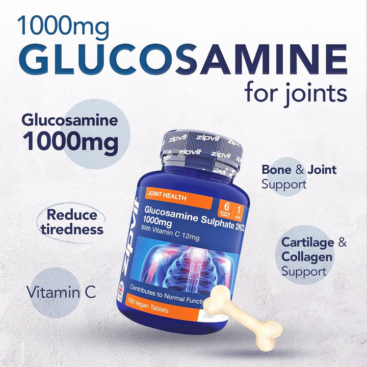 Glucosamine Sulphate 2Kcl 1000Mg with Vitamin C, 180 Vegan Tablets, Supports Bones, Cartilage & Collagen, Reduces Tiredness & Fatigue, Joint Health Supplement, 6 Month Supply