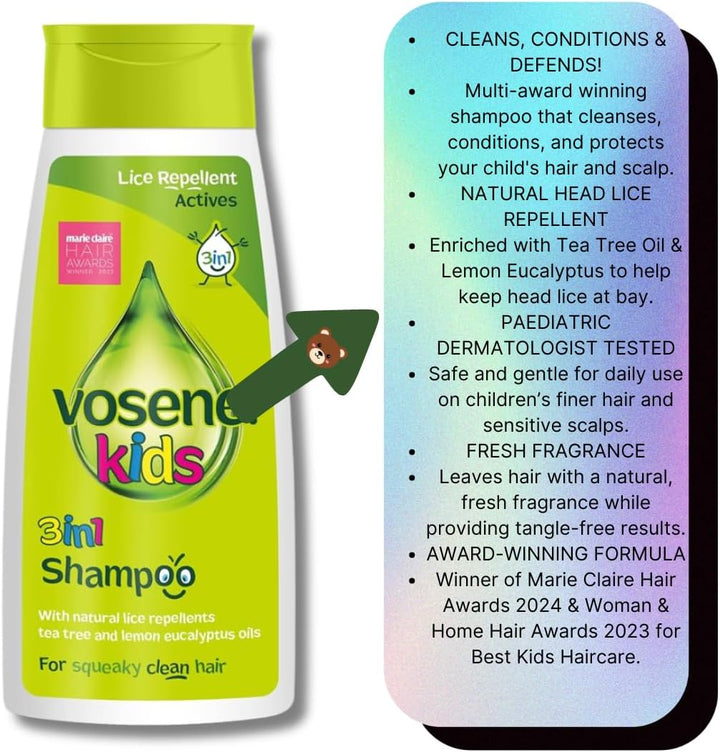 Vosene Head Lice Repellent Bundle – Kids 3-In-1 Head Lice Repellent Shampoo (250Ml), Leave-In Conditioning Repellent Spray (150Ml) & Nit Comb – Natural Lice Protection with Tea Tree & Citronella Oils