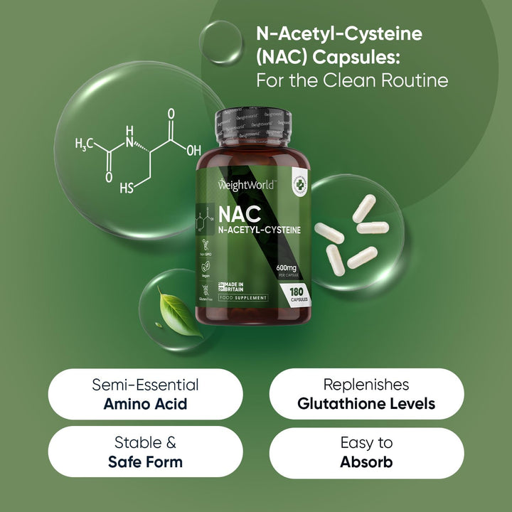 NAC N-Acetyl-Cysteine 600Mg - 180 Capsules (6 Months Supply) - 1 per Day - Vegan & Gluten-Free NAC Supplement - Precursor to Glutathione - N-Acetyl-Cysteine Nutritional Supplements - Made in the UK