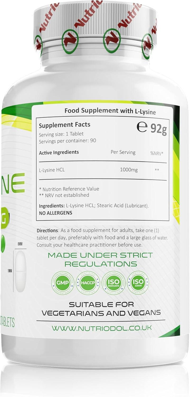L-Lysine X 90 1000Mg Tablets | Smallest Possible 19Mm Formula | Easier to Swallow and Quicker to Absorb - Suitable for Vegetarian and Vegan. (90)