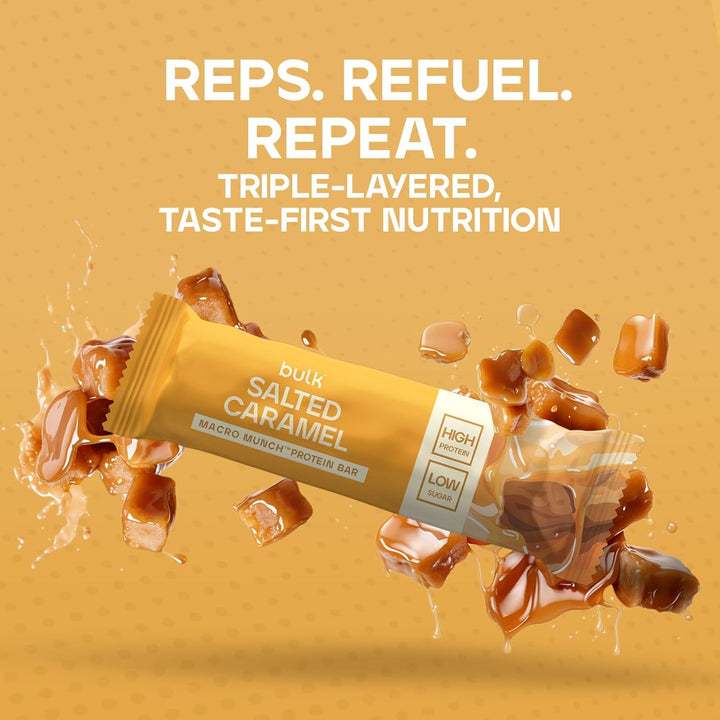 Macro Munch Protein Bar | Salted Caramel Flavour | 12 X 62G | 20G High Protein | Low Sugar | 6.7G Fibre | Soft-Baked Triple Layer | Healthy Snack Bar for Gym | Fitness | On-The-Go | Vegetarian