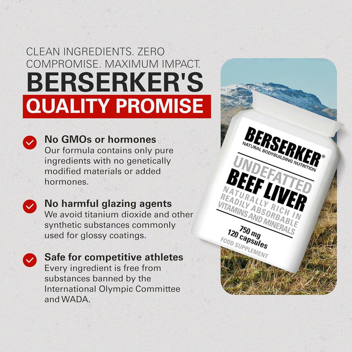 Berserker Desiccated Beef Liver Supplement 750Mg per Capsule 120 Capsules, Un-Defatted to Provide Full Absorption of Naturally Occurring Vitamins and Minerals Found in Beef Liver | Made in the UK