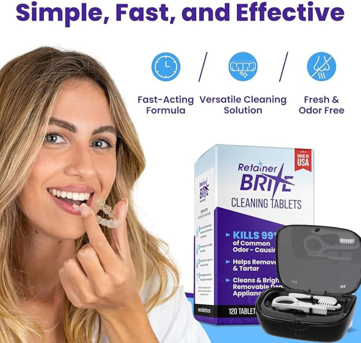 Retainer Brite Cleaning Tablets 96 Pack – Retainer Cleaner & Denture Cleaning Tablets with Retainer Box & Brushes – Aligner & Invisalign Cleaner for Teeth Retainers, Mouth Guard & Oral Hygiene