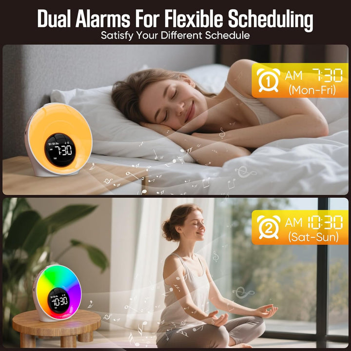 Wake up Light Sunrise Alarm Clock,White Noise Sound Machine with 30 Soothing Sounds,Timer,Sleep Aid,Snooze,Adjustable Brightness & Volume Lamp,Dual Digital Alarm Clocks for Heavy Sleepers Adults Kids
