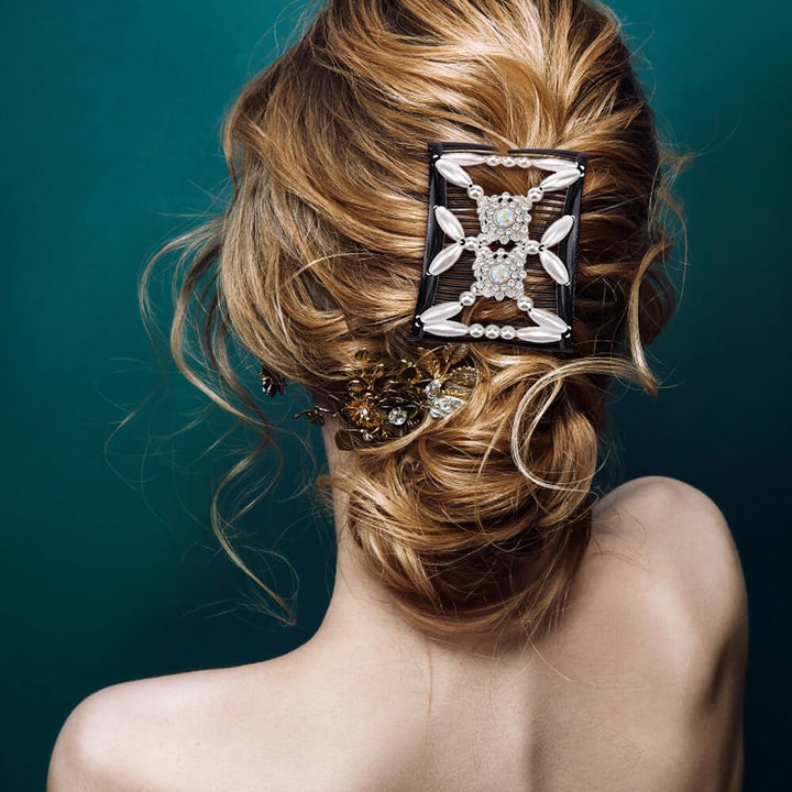 Double Clip Magic Elastic Beaded Hair Combs, 3PCS Double Sided Clips for DIY Hairstyling, Girls & Women Hair Accessories (Flowers)