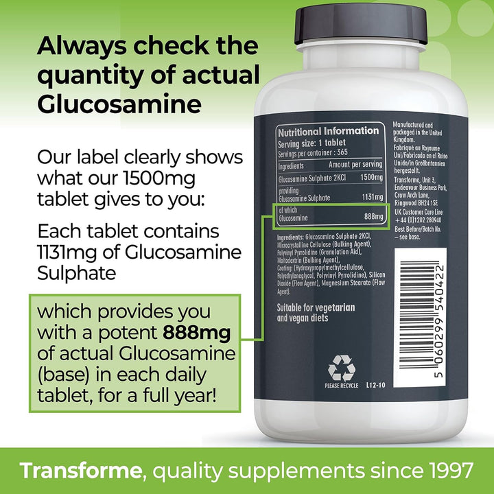 Glucosamine Sulphate 2Kcl 1500Mg 365 Tablets, 1 Year Supply, Vegan High Strength Glucosamine, 1 Coated Breakable Tablet per Day, UK Made Supplement for Men and Women by