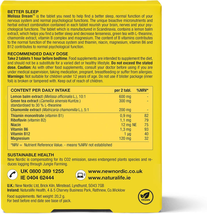 Melissa Dream - Melatonin-Free Natural Sleep Aid & Insomnia Relief for Adults - Magnesium & Chamomile - 20 Herbal Sleeping Tablets