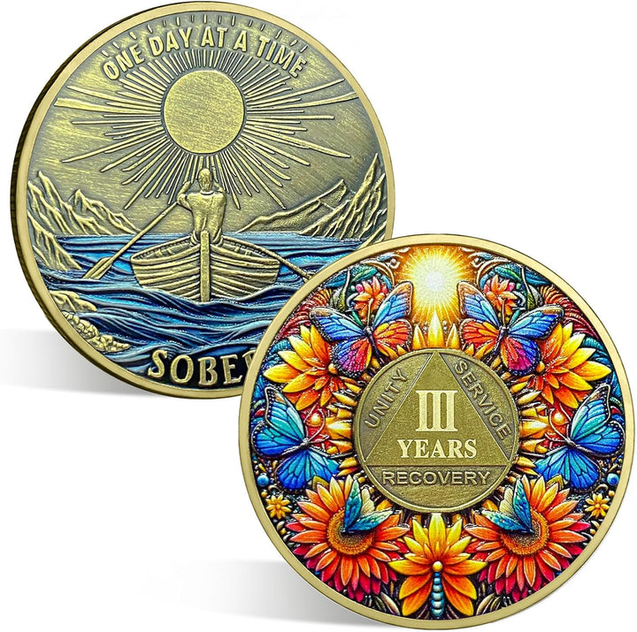 Sobriety Coin, 5 Year Sunflower Butterfly Sobriety Chip AA Coin and Medallions One Day at a Time Sober Token Narcotics Alcoholics Anonymous Recovery Gifts