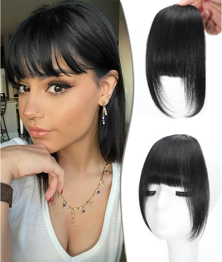 Clip in Fringe - Bangs Hair Clip in Bangs 100% Real Human Hair Extensions Clip on Air Bangs for Women Fringe with Temples Hairpieces Curved Bangs (Dark Brown, French Bangs)