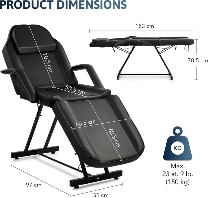 Beauty Bed Multiple Level Adjustable Steel Frame 3 Section Leather Massage Bed 150Kgs/330Lbs Max Weight Capacity Detachable Armrest and Headrest Massage Table Beauty Table (Black)