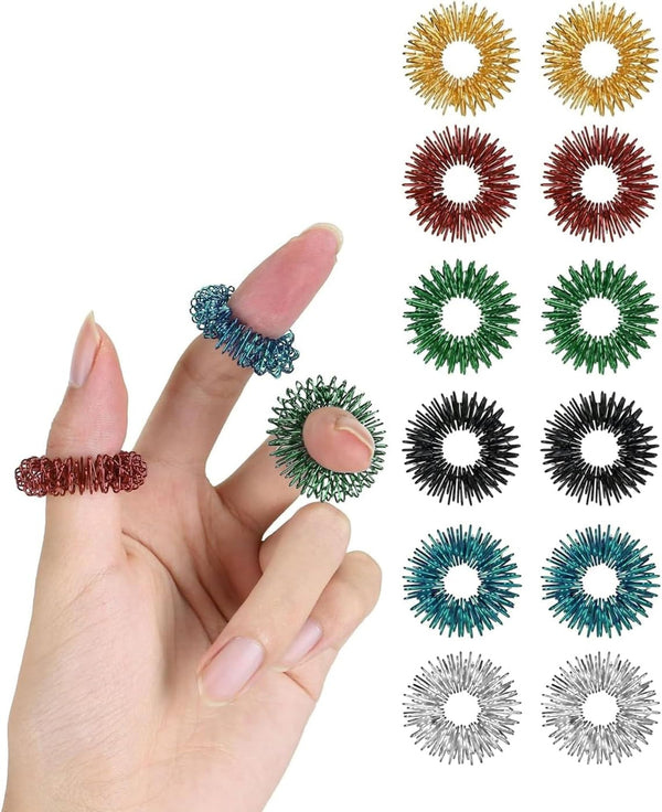 12 Pcs Acupressure Rings,Colorful Pain Stim Fidget Sensory Rings Finger Massager,Improves Blood Circulation Silent Relief Stress Spiky Stimming Fingertip Anxiety Metal Toys for Kids Children Women Men