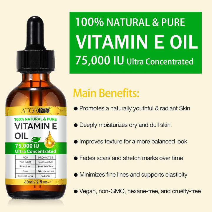 Vitamin E Oil 75,000 IU 60 Ml- 100% Organic Pure Vitamin E Oil for Skin, Face, Hair, Body - Natural Antioxidant for Dryness, Wrinkles, Scars & Stretch Marks, Moisturizing and Firming Skin