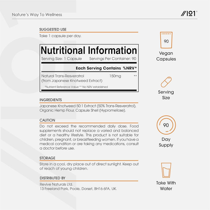 Natural Trans-Resveratrol Max Dosage - 90 Vegan Capsules - from 300Mg Japanese Knotweed 50:1 Extract - High Strength Polygonum Cuspidatum Supplement – 3 Months Supply - by