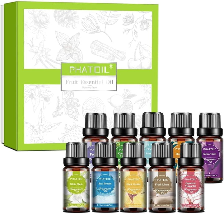 Fruity Fragrance Essential Oil Set, Coconut, Cherry, Apple, Strawberry, Mango Scents Oils for DIY Soap Candle Making, Diffuser Oil Set for Home Office Car Aromatherapy, 10 Pcs X 10Ml