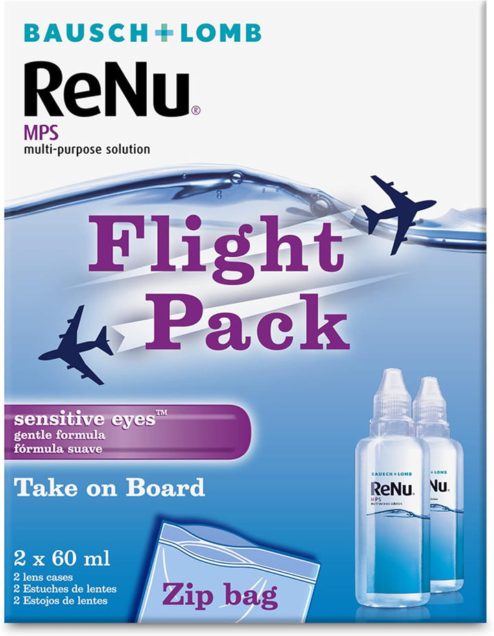 Multi-Purpose Travel Contact Lens Solution, 2X 60Ml Flight Pack Size - for Soft Lenses, Gentle on Sensitive Eyes, Clean, Disinfect, Rinse, Lubricate and Store Your Lenses, Lens Case Included