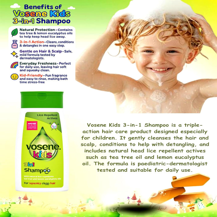 Vosene Head Lice Repellent Bundle Kit | 3-In-1 Head Lice Repellent Shampoo (250Ml) | Conditioning Defence Spray (150Ml) | Lice Comb with & without Handle 2PC, Natural Head Lice Treatment for Children