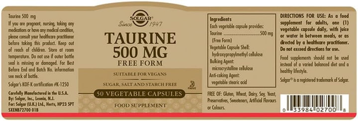 Taurine 500 Mg Vegetable Capsules - Pack of 50 - Free from Sugar, Salt and Starch - Essential Amino Acid - Vegan and Gluten Free, Gold