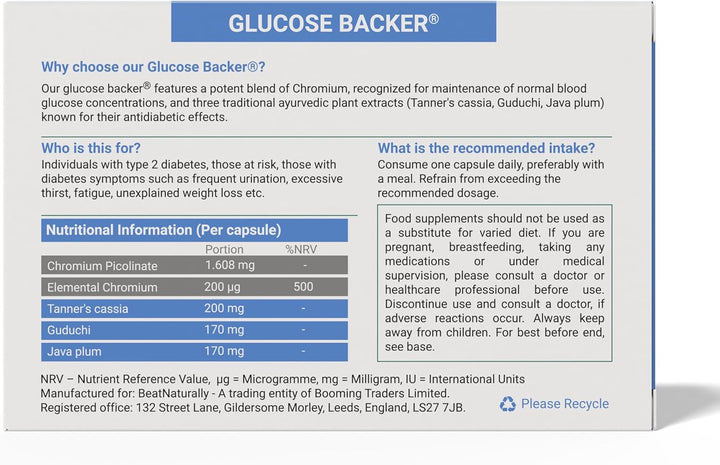 Blood Sugar Support Capsules – with Chromium Picolinate, Cassia & Tinospora – Supports Healthy Glucose Metabolism & Energy Balance – 30 Capsules