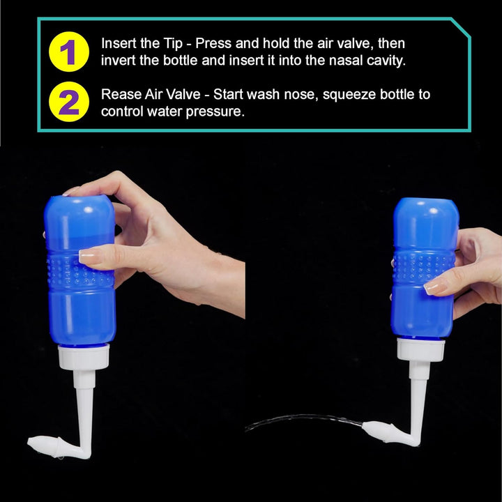 Travel Sinus Rinse Kit +5 Nasal Wash Salt Packets Neti Pot with 2 Soft Nozzle Nasal Rinse Mix Nose Wash Bottle 300Ml + Nasal Sprayer with Nasal Rinse Mix +Bag BPA Free,Blue