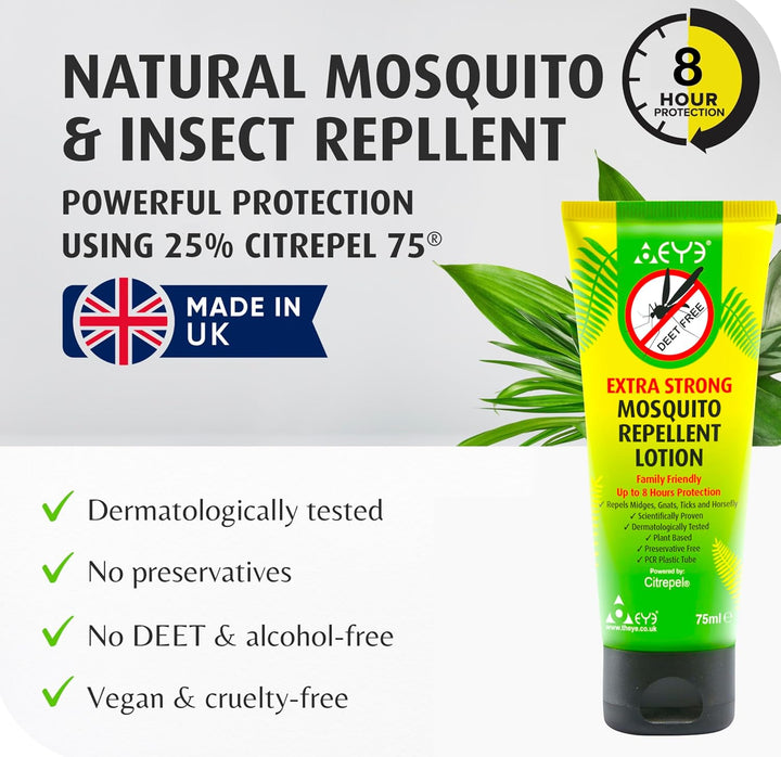 Mosquito Repellent Cream - Extra Strong/Tropical Strength - 100% Natural, Deet Free, No Preservatives - Safe Insect/Midge Repellent for Adults, Children & the Environment - 75Ml