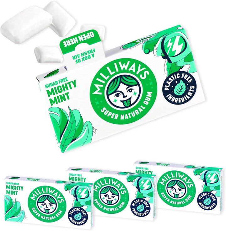 Mighty Mint Chewing Gum, Plastic Free, Sugar Free, Aspartame Free, Natural | 12 Packs of 10 Pieces (120 Pieces Total) | Xylitol, Plant-Based, Biodegradable