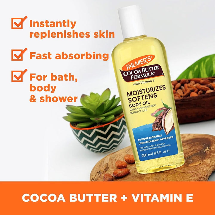 Palmer’S Cocoa Butter Formula Moisturising Body Oil 250Ml with Vitamin E and Cosmetic Spatula – Fast-Absorbing, Non-Greasy Hydration for Dry.